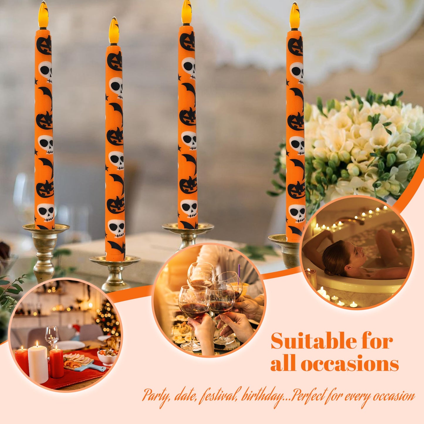 FCMSHAMD 6PCS Halloween Orange Flameless Taper Candles, 11 Inch LED Candlesticks Battery Operated with 11-Key Remote and Timer, 3D Flickering Flame Lights for Wedding Party Home Decor Gifts