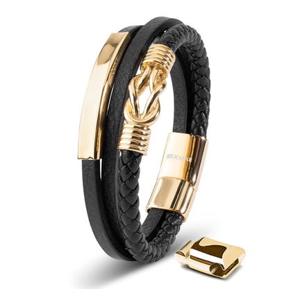SERASAR Men's Bracelets 20cm Gold Gift Box Genuine Cowhide Leather Braided Adjustable Magnetic Clasp Multilayer Jewelry Rope Male Band Accessories
