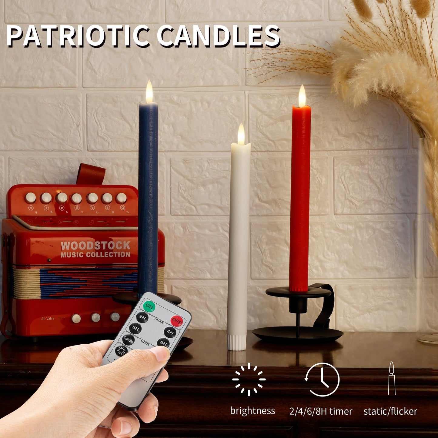 AFINETH Red White and Blue Flameless Taper Candles with Remote, 9.6" Real Wax Patriotic Flameless Candles, Battery Operated 4th of July Candlesticks, Flickering Independence Day Candle Decor, 3 Pack