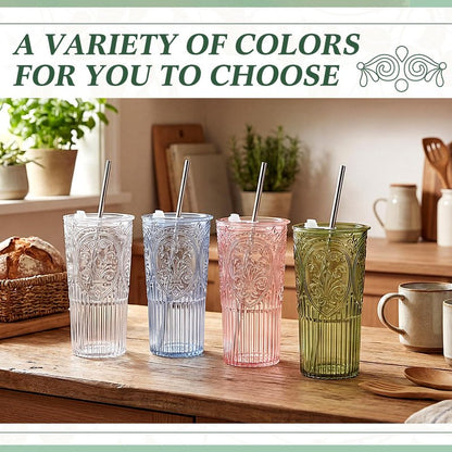 Acellegic 8 Set 20oz Vintage Plastic Tumbler with Lids and Straws Ribbed Floral Drinking Glasses Reusable Iced Coffee Cups for Water Juice Smoothie Cocktail Travel Party Events Gift (Clear)