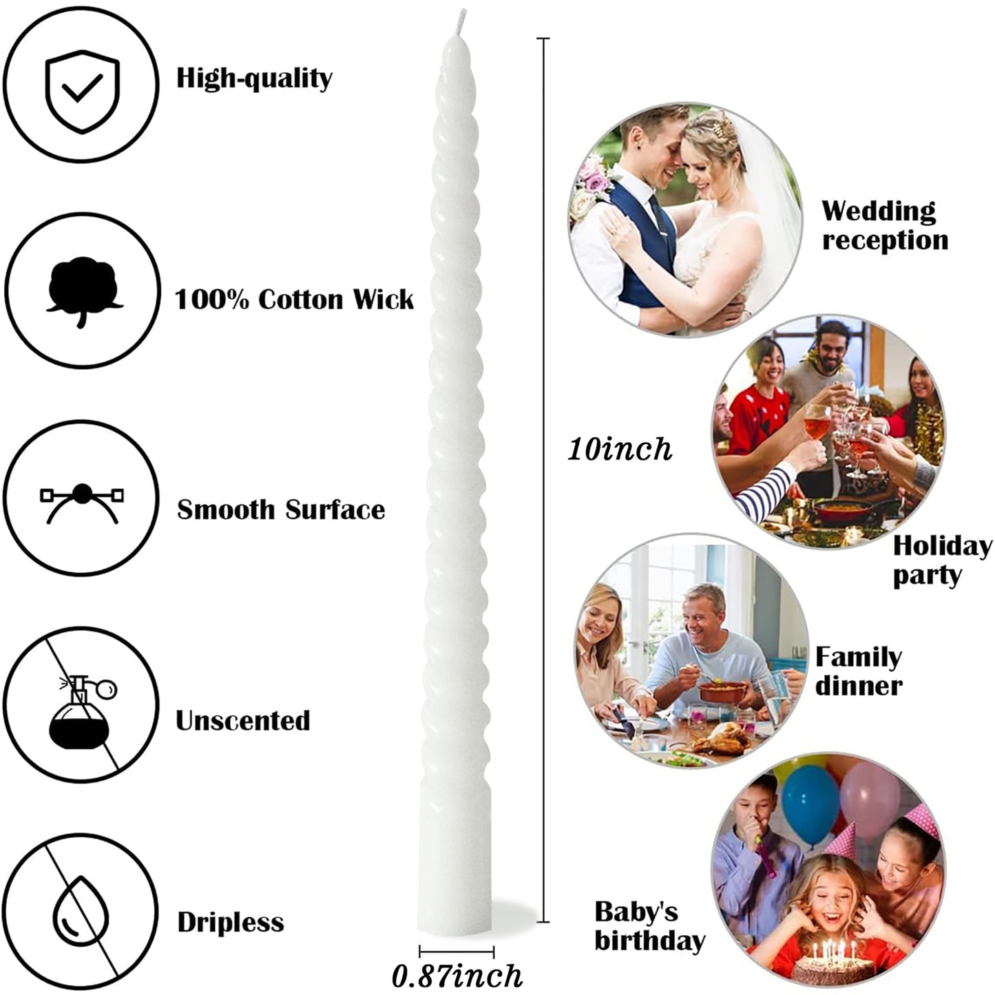 8 Pack 10 Inch White Spiral Taper Candle Set, 7/8 Inch Unscented Driples Candlesticks for Home Decoration, 6-7 Hours Burn
