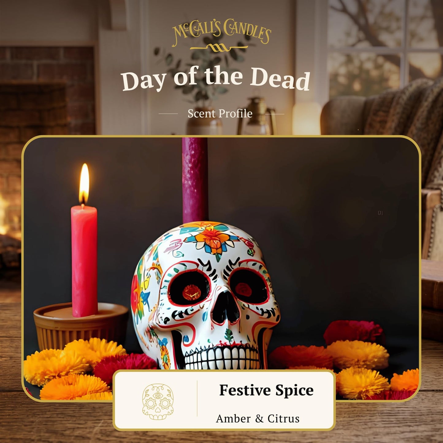McCall’s Candles | Day of the Dead | 26 oz Scented Candle | USA-Poured | Vintage Rustic Jar with Carrying Handle | Black Plum, Peach & Patchouli Fragrance