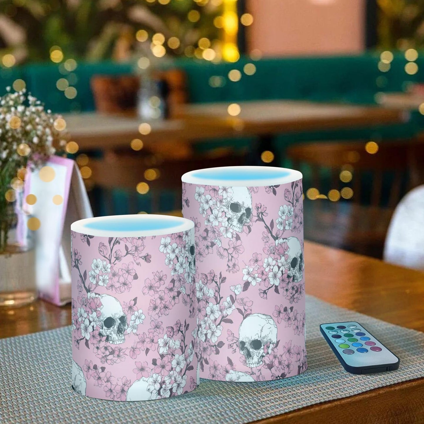 Pigsaly Flameless Candles Battery Operated Pink Cherry Blossoms White Skulls Flickering Led Pillar Candles with Remote Control Colour Changing Warm Light Candles for Halloween Christmas Wedding