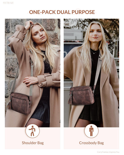 SYTRAH Crossbody Bags for Women, Triple Zip Crossbody Purses for Women Trendy, Cell Phone Purse Shoulder Handbag with Adjustable Strap Mocha Coffee