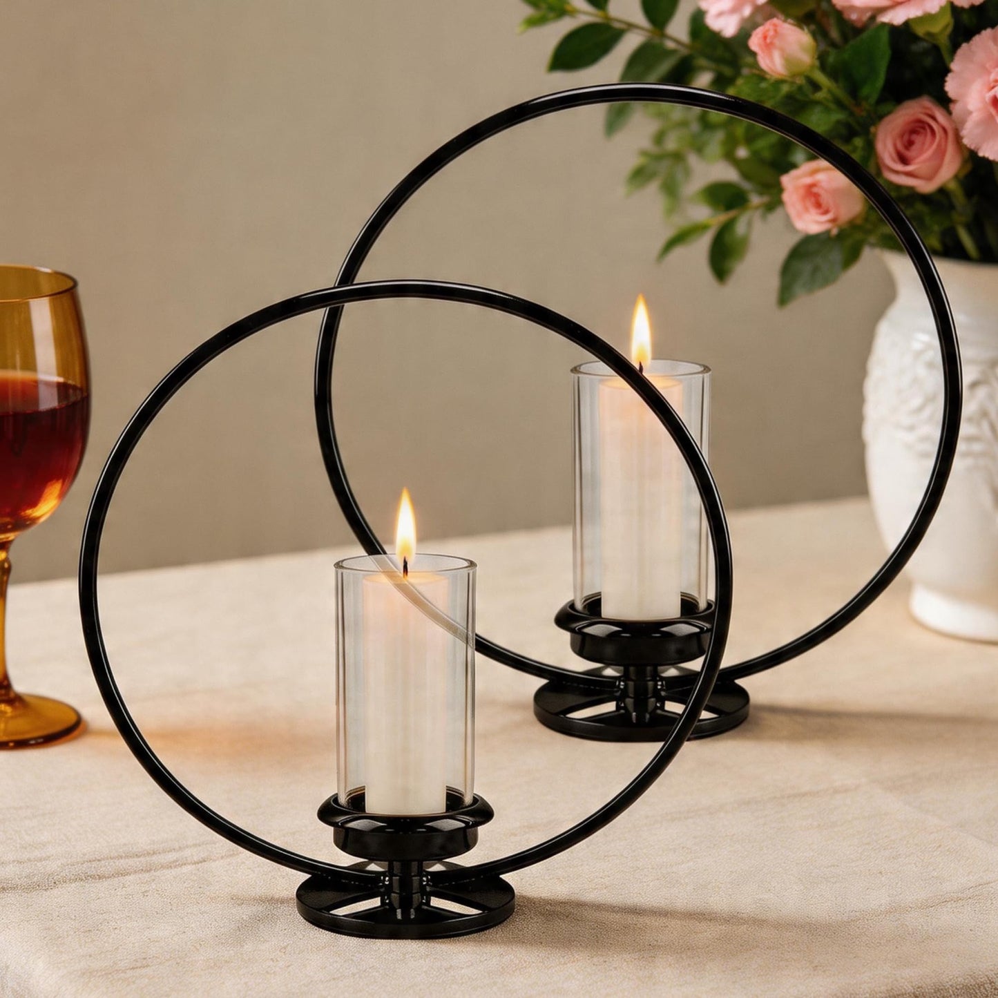 HiSnug Hurricane Candle Holders Set - Circular Metal Candlestick Holders with Glass Sleeve, 2PCS Simple Decorative Candleholder for Dining Table Centerpiece Shelf Home Decor, 2PCS, L+L, Black