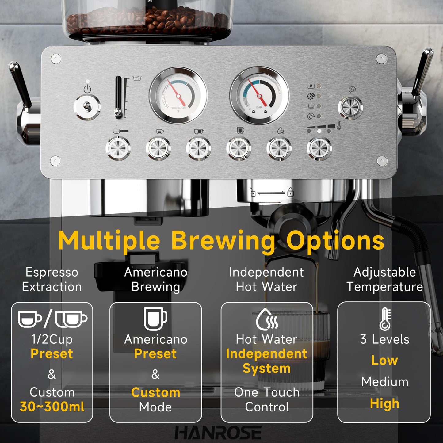 HANROSE Espresso Machine with Grinder, 20Bar Espresso Machine Stainless Steel, Coffee Machine with Milk Frother for Latte/Cappuccino, Adjustable Temperature, Independent Hot Water & Americano Function