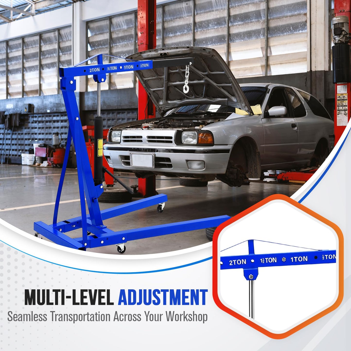 GarveeLife 2-Ton Folding Hydraulic Engine Hoist with Leveler, Shop Crane with Telescopic Boom & 6 Casters, 4400 Lbs Foldable Cherry Picker Lift for Home Garage, Workshop, Warehouse, Heavy-Duty, Blue