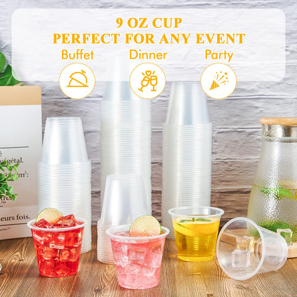 Lilymicky 300 Pack 9 oz Disposable Clear Plastic Cups, 9 Ounce Party Cups for Cocktail, Parties, Picnics, and Events
