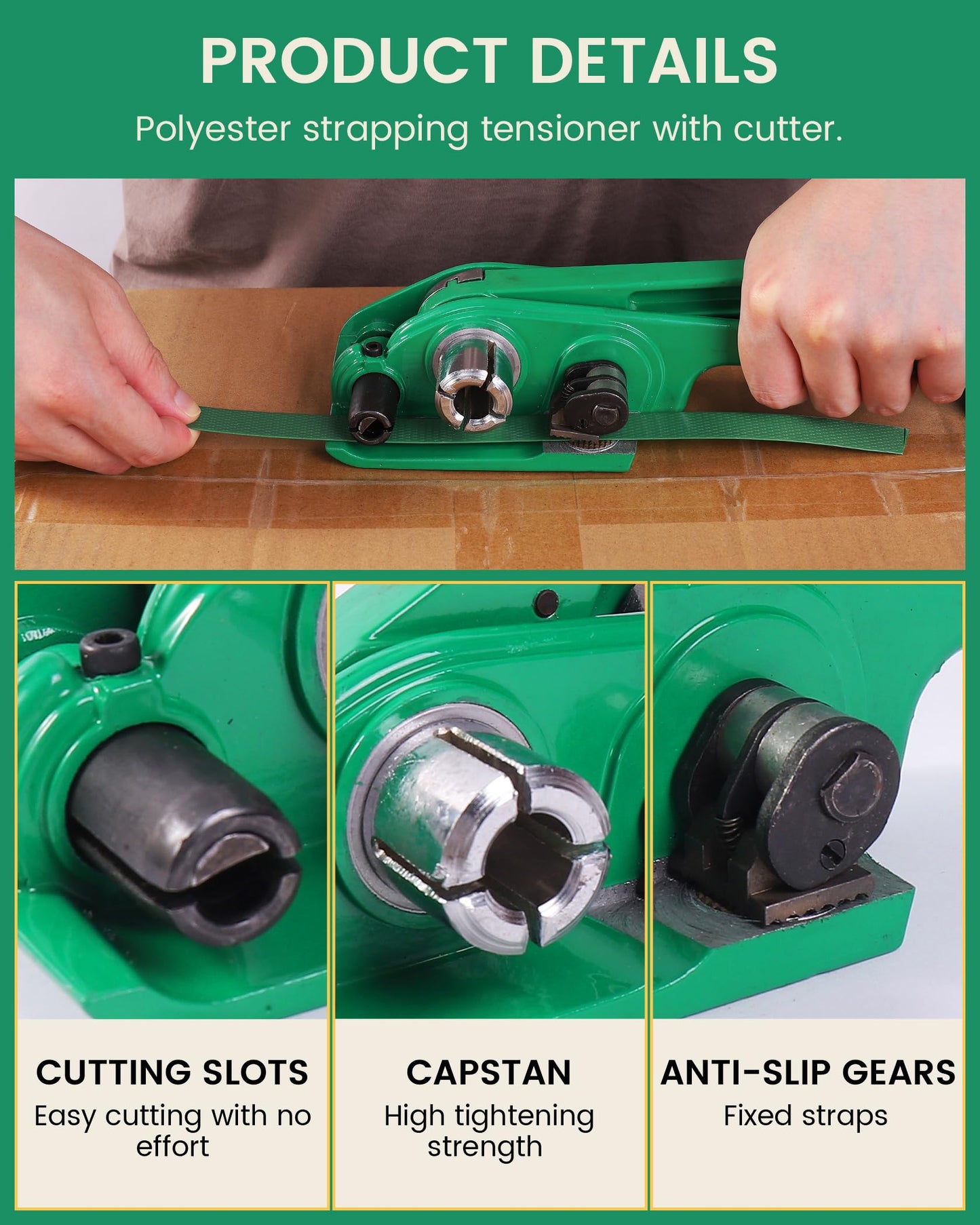 FoundGo PET Banding Strapping Kit for Heavy Duty Tough Pallet Packaging Strapping Tool with >1500lbs 5/8" x 1000' PET Strapping Roll & its own Pull-Out Box 100 Corner Protectors 300 Seals