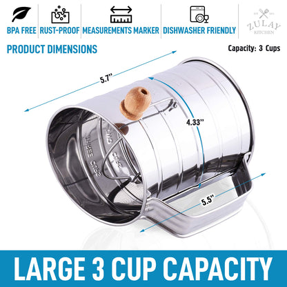 Zulay Kitchen 3 Cup Stainless Steel Flour Sifter - Fine Mesh Rotary Hand Crank Flour Sifter with Agitator Wire Loop For Baking Cakes, Pastries, Pies, Cupcakes and Desserts