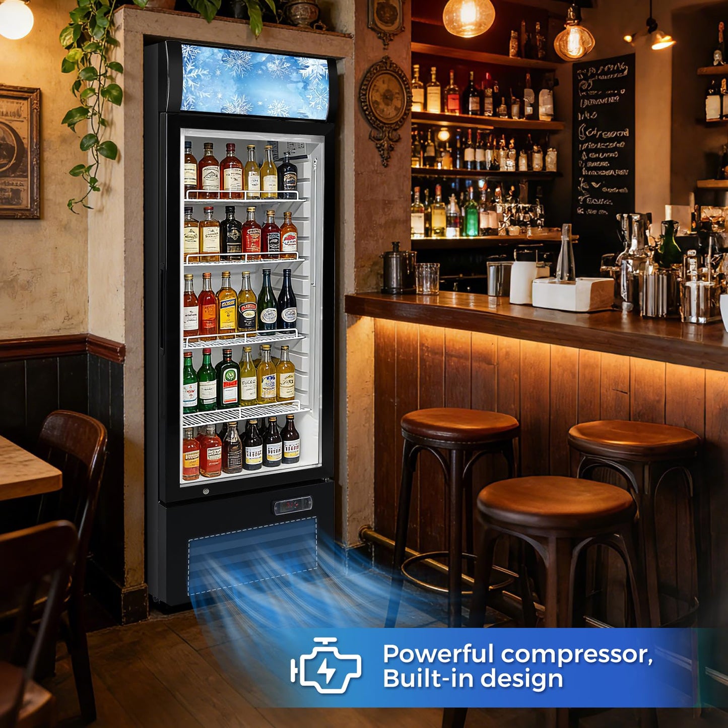 Bluelinecool 12.5 Cu Ft Commercial Beverage Refrigerator with 1 Glass Doors - Upright Drink Cooler Merchandiser with LED Light Display, 4 Adjustable Shelves, Black, ETL Approved for Business & Retail