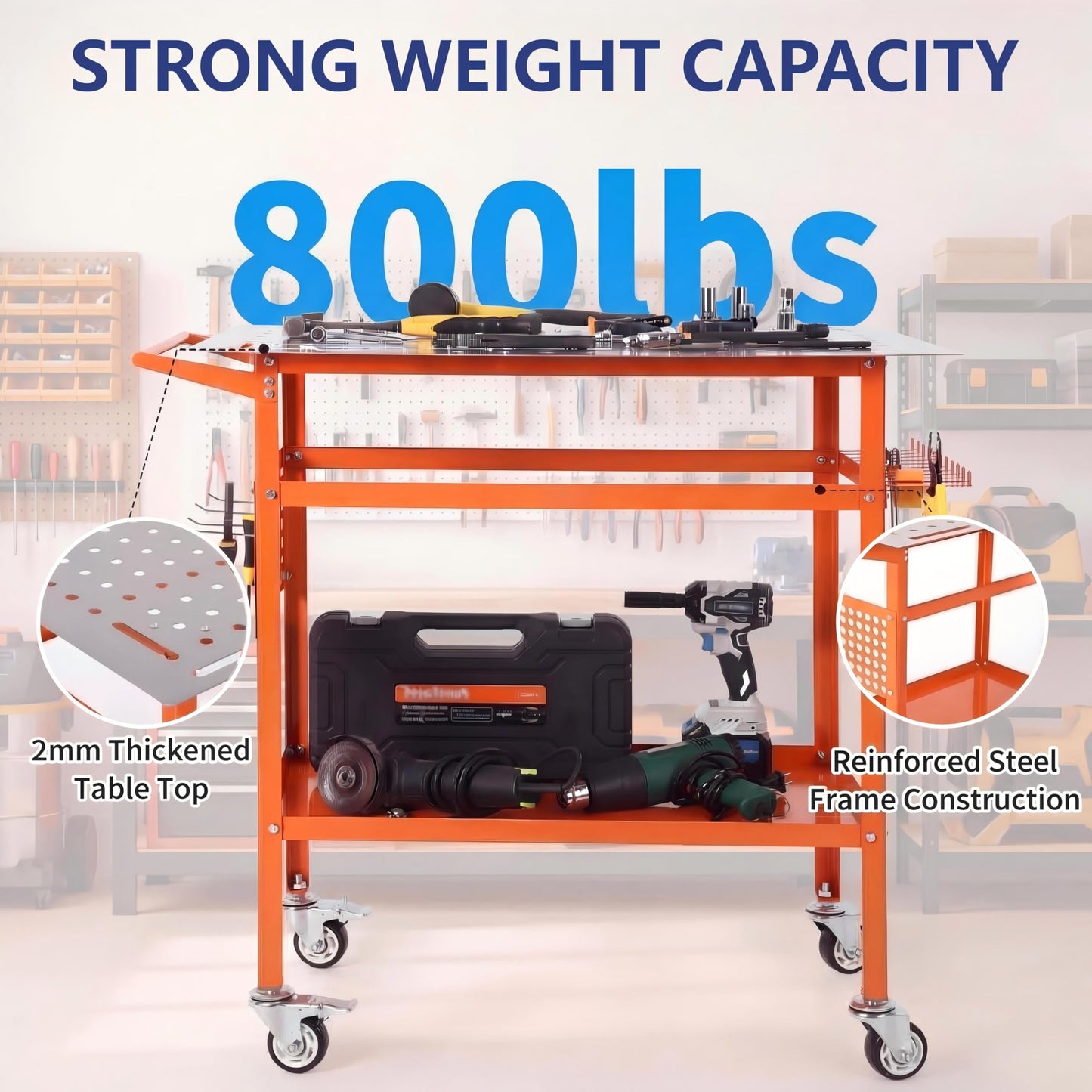 800LBS Welding Table, 36"x24" Portable Welding Workbench with 2 Brake Wheels & 4 Feet, Heavy Duty Steel Frame, Side Pegboard, Hooks and Tool Tray, for Garage Workshop, Orange