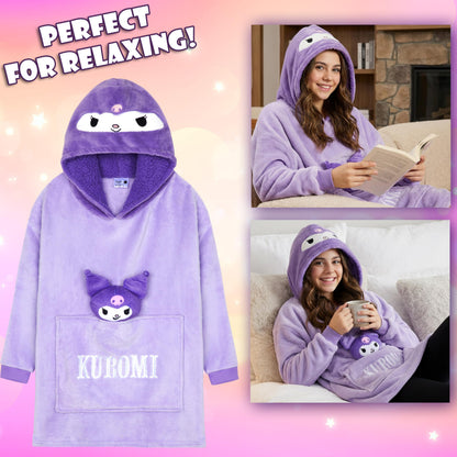 Hello Kitty Sanrio Kuromi Blanket Hoodie Girls, Teens, Kawaii Fleece Wearable Blanket with Plush, Loungewear Gifts for Girls (Purple Kuromi)