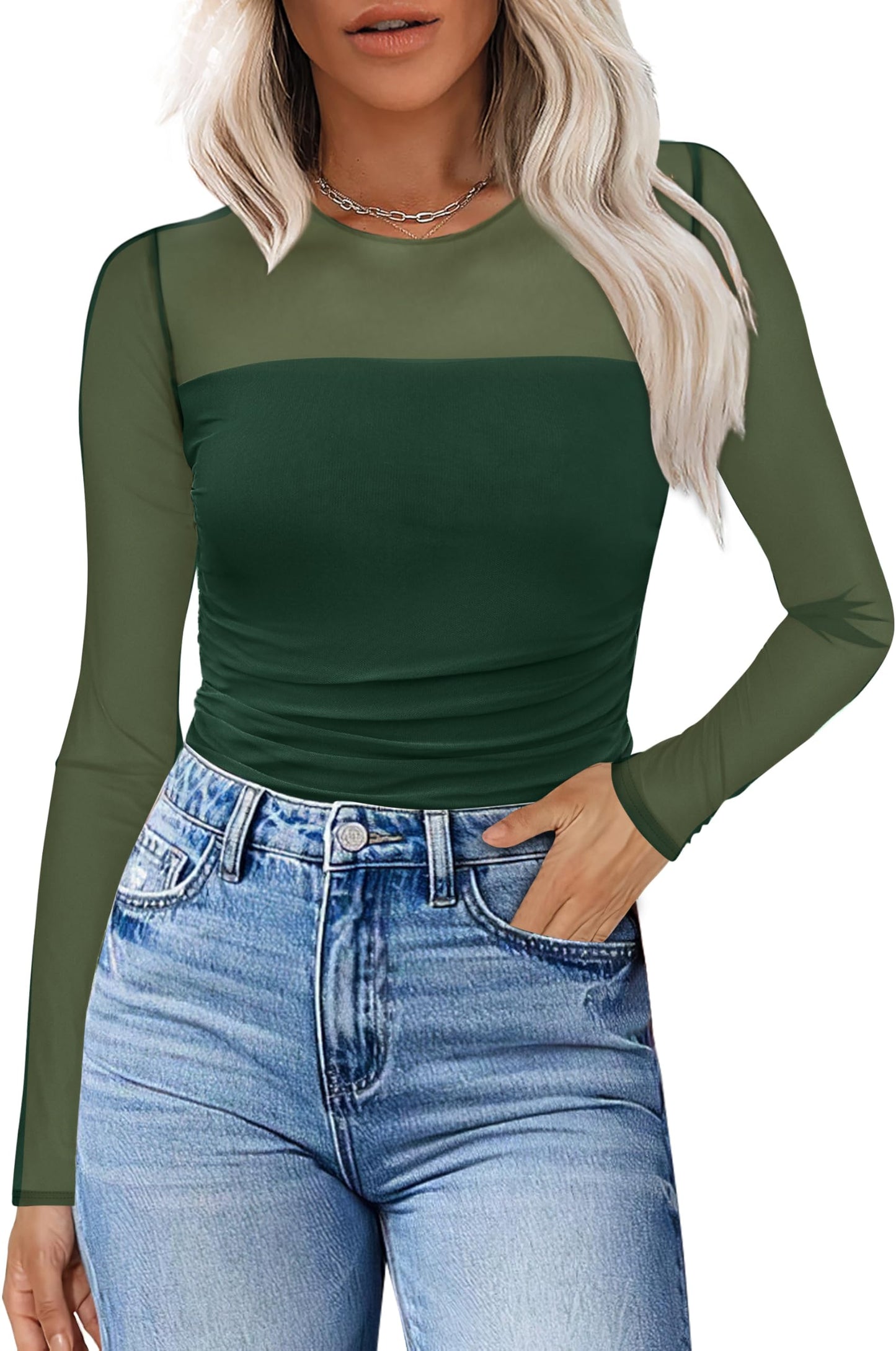 XIEERDUO Women's Sexy Sheer Long Sleeve Tops Crew Neck Mesh Ruched Going Out Shirts Blouse Date Night Outfits