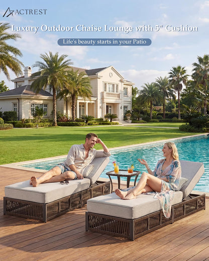 ACTREST Luxury Outdoor Chaise Lounges with 5 Inch Thickened Cushions - Set of 4 High Back Brown Wicker Patio Recliners Rattan Reclining Chairs Porch Poolside Pool Sunbathing Lounger- Beige
