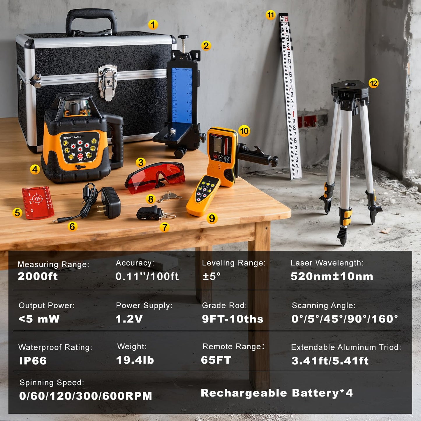 Red Rotary Laser Level 2000ft, 360 Degree Self Leveling Laser Level Kit with Receiver Remote Control and Surveying Tripod 16.4ft Staff, 5 Rotation Speeds& 4 Angles Adjustment,IP66 Waterproof.