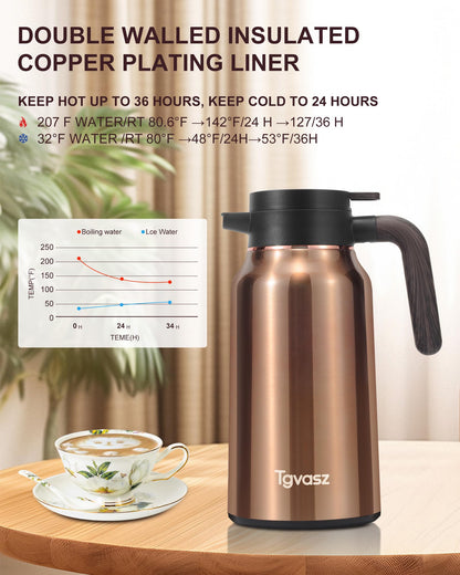 2 PCS Thermal Coffee Carafe 70 oz - 36 Hour Stainless Steel Carafes for Hot Liquids-Insulated Coffee Carafes For Keeping Hot/Cold Coffee, Tea, (Black+Gold)
