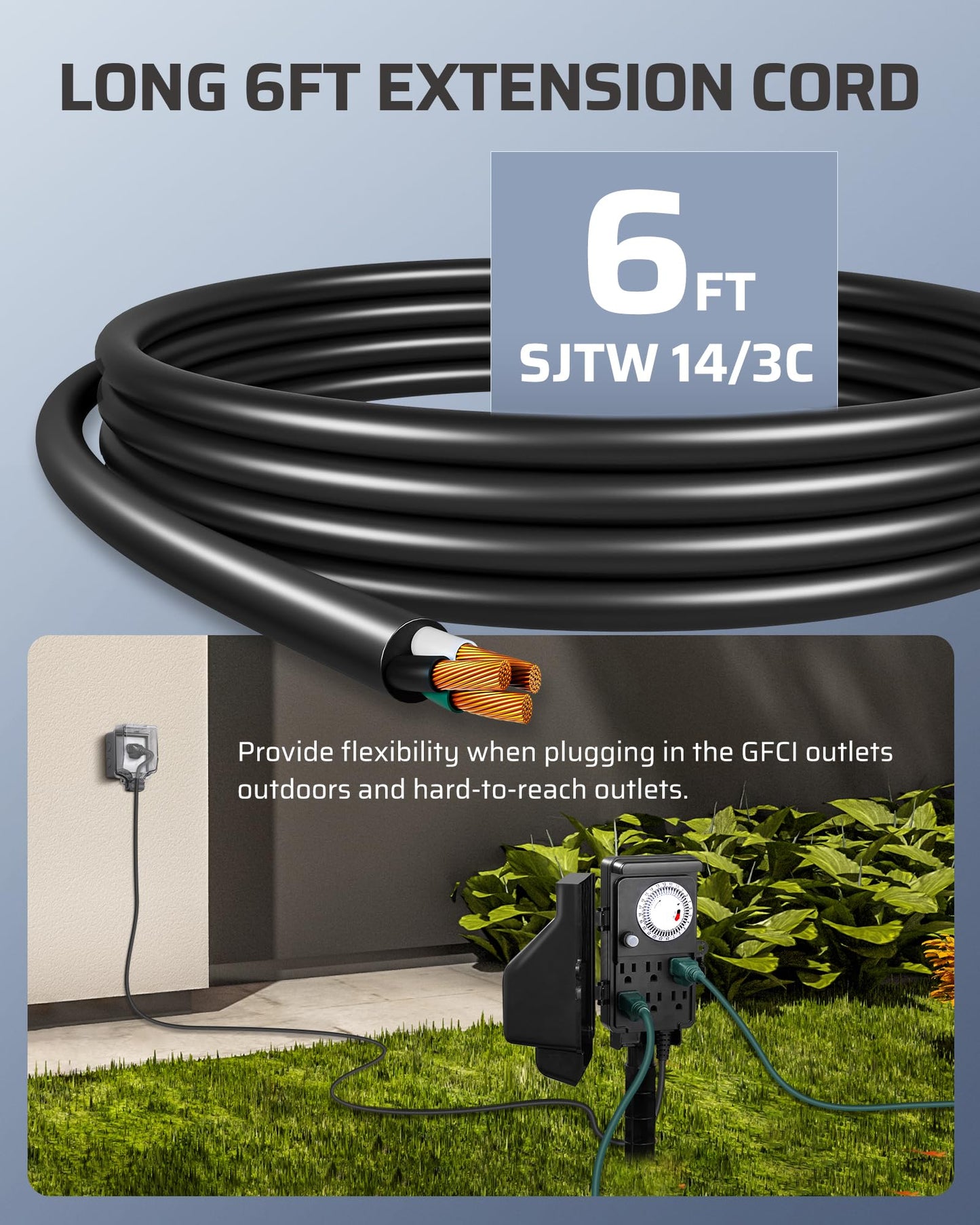 DEWENWILS Outdoor Mechanical Power Strip Timer, 24 Hour Multi Socket, Waterproof 6 Outlet Garden Power Stake, 6 ft Cord, 1800W/15A Heavy Duty, for Lights, Yard, Garden
