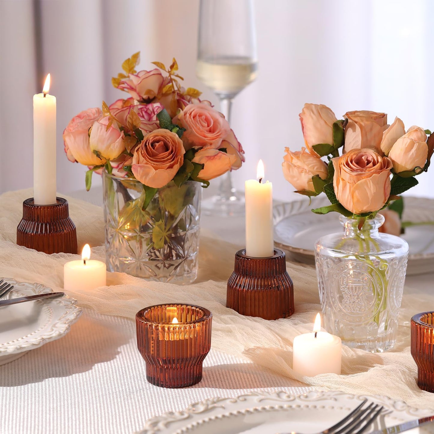 HAVITI 12 Pack Amber Taper Candle Holders, Glass Candlestick Holders, Tea Light Candle Holder for Fall Wedding Centerpieces Table Decorations, Votive Candle Holders for Table Decor