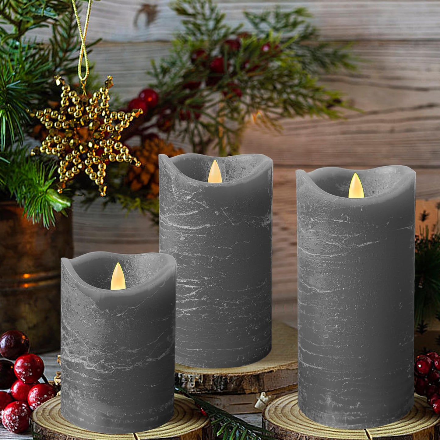 EZiKitchen Real Wax Flameless Candles Set of 3 (D 3" x H 4" 5" 6") Battery Operated LED Candle with Timer Home Decorative Pillar Flickering Lights,Wedding Party Events Decor,Grey