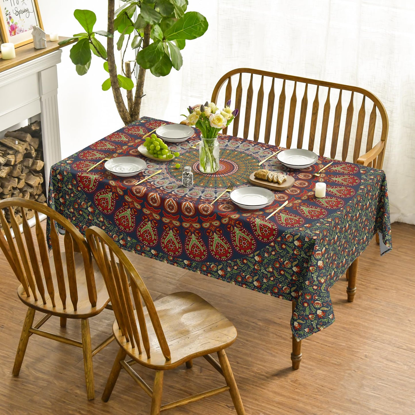 Horaldaily Rectangular Tablecloth 60x140 Inch, Boho Bohemian Psychedelic PeacockMandala Washable Seasonal Table Cover for Party Picnic Dinner Decor
