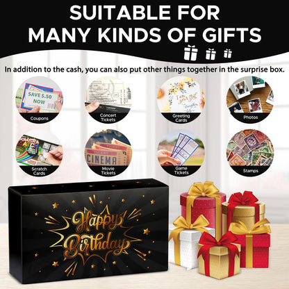 WenmthG Happy Birthday Surprise Gift Box Explosion for Money - DIY Pop Out Folding Bounce Explosion Gift Box with Confetti - Birthday Money Bank - Cash Gift Idea for Women Men Kids (Black Gold)