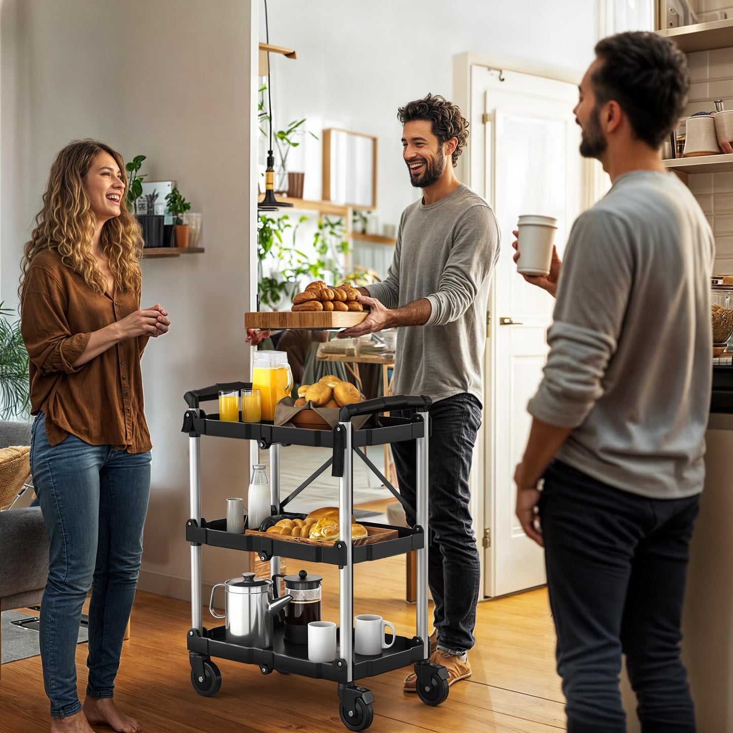 DWVO 3-Tier Folding Utility Cart, Foldable Service Cart Heavy Duty Collapsible Rolling Cart with 360° Swivel Wheels and Brake, 350LBS Load Capacity Portable Utility Cart for Kitchen, Warehouse, Garage