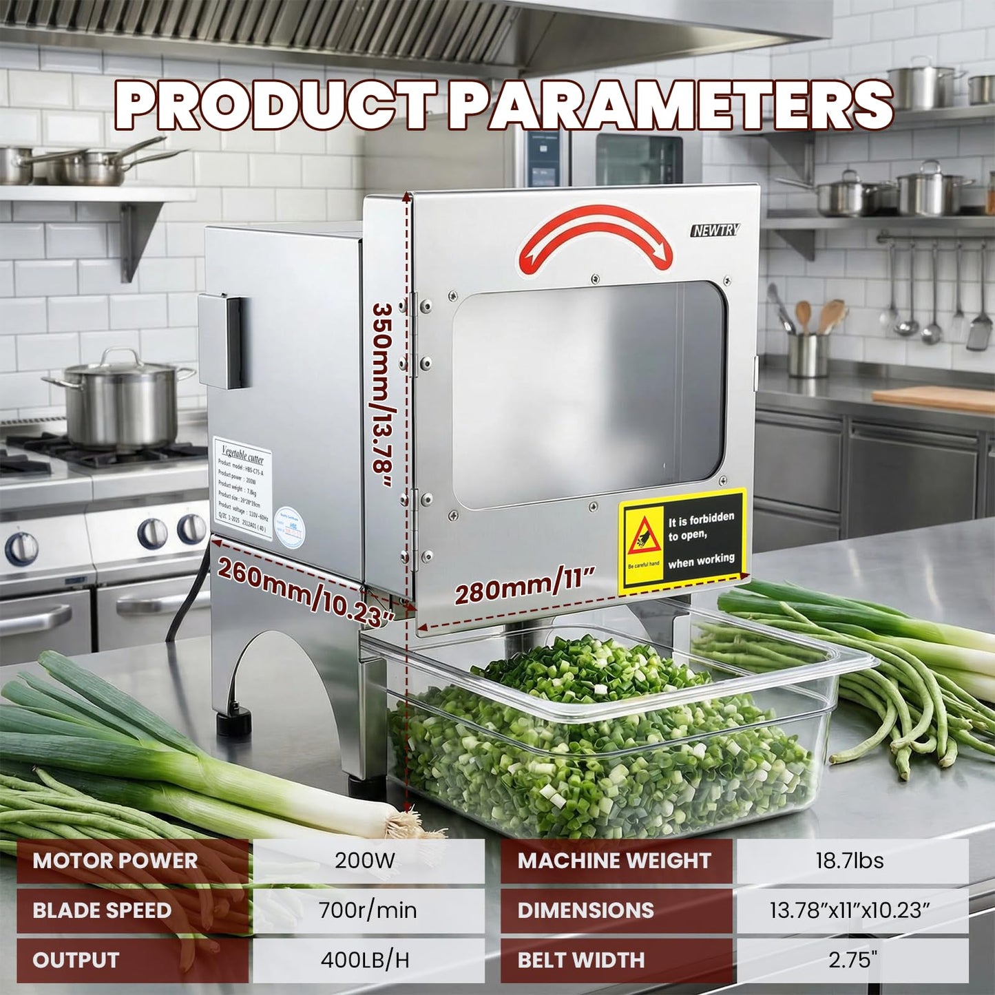 NEWTRY Commercial Vegetable Slicer Machine 200W Electric Food Processor with Automatic Conveyor Belt 400LB/H Thickness Adjustable for Spring Onion Scallion Cucumber Banana Restaurant Kitchen Use
