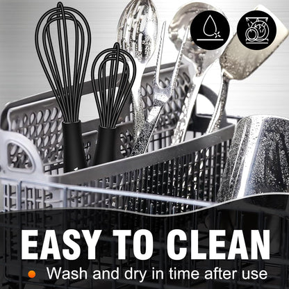 Walfos Whisk 5+7in/12cm+17cm Mini Whisk,Silicone Whisks Non Scratch Heat Resistant (480°F). Nice for stirring individual eggs and mixing small amounts of powder and sauce.Dishwasher Safe.Black