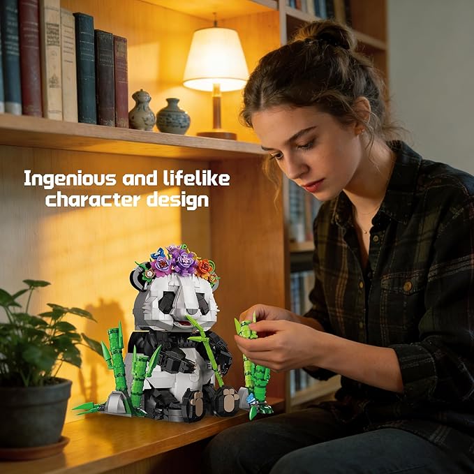 Panda Building Set with Flowers &amp Bamboo for Adults Compatible with Lego Wild Animals Movable Arms and Head Collectible Model Home Decor Gift for Teens Boy Girl