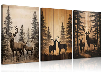 3Pcs Forest Elk Canvas Wall Art Country Farmhouse Wall Decor Picture Woodland Animal Poster Print for Living Room Bedroom Farmhouse Ranch Home Decor Ready to Hang