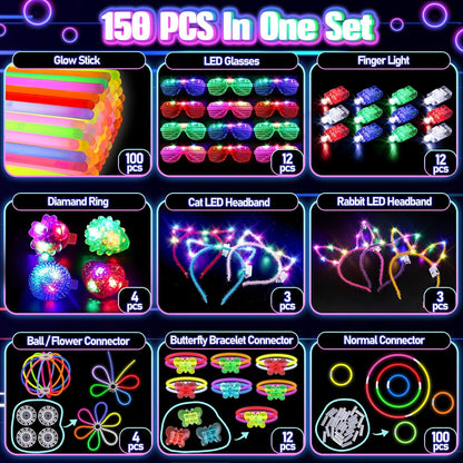 Skiennix 150PCS Glow in the Dark Party Supplies - Light Up Glasses, Headbands & Rings | Neon Party Pack