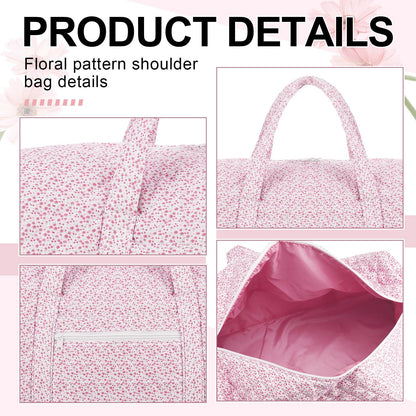 Bulyoou 2 Pack Floral Travel Duffel Bag Large Quilted Travel Duffle Bag and Floral Makeup Pouch Portable Gym Lightweight Weekender Organizer with Zipper Pockets Grocery Pouch for Women(Pink)