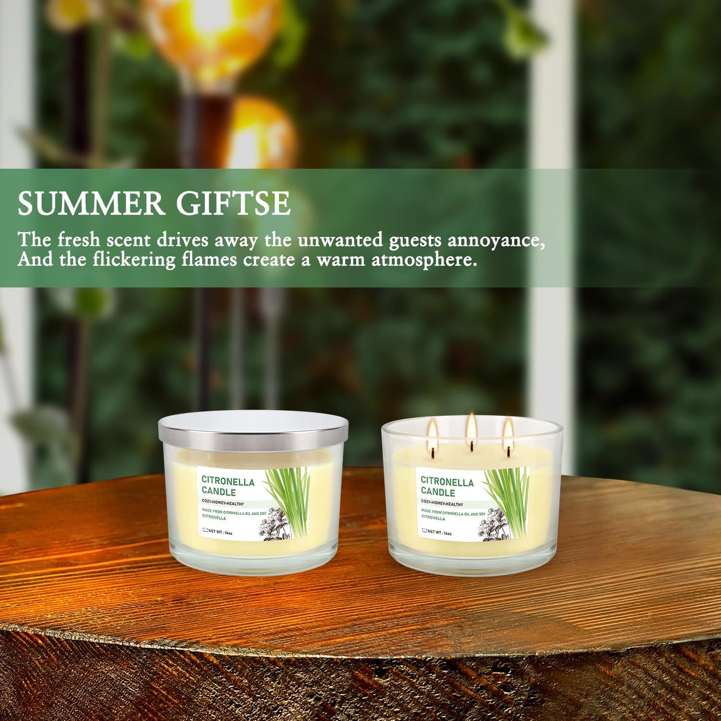 Citronella Candle Outdoor 2-Pack - 14oz Each 3-Wick Candles in Clear Glass Jars, Made with Citronella Oil & Soy Wax for Patio, Camping, Backyard, Emergency & Outdoor Ambiance.