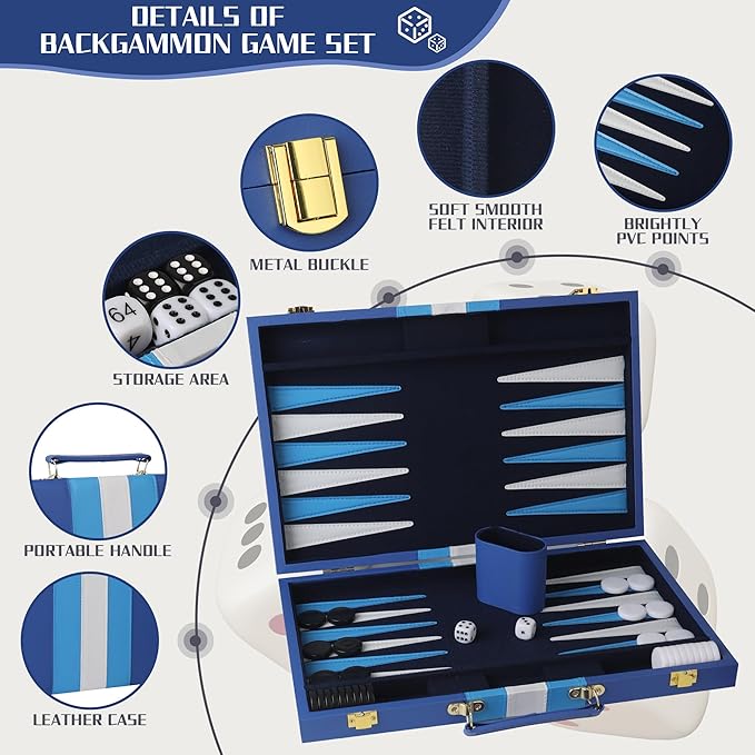 Froggod 15 inch Backgammon Sets for Adults - Classic Board Game for Adults - Portable Travel Backgammon Set for 2 Players - Perfect Adult Board Games for Gifts &amp Family Fun(Vivid Blue)