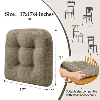 downluxe Chair Cushions for Dining Chairs 2 Pack, Tufted Indoor Chair Pads with Non-Slip Bottom, U-Shaped Kitchen Chair Cushions, 17"x17"x4", Khaki