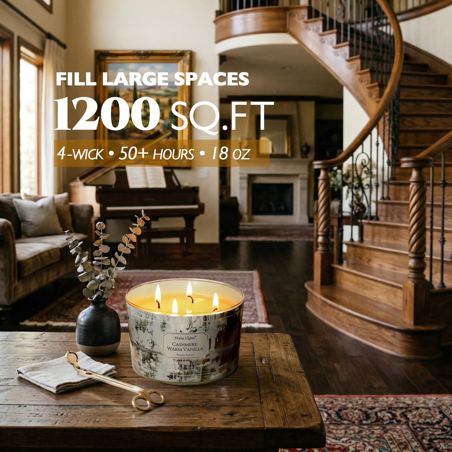 HomeLights Scented Candles for Women & Men, 18oz Candle Jars Aromatherapy 4-Wick Candle, Ideal for Industrial Chic Home Decor and Gifts, Cashmere Warm Vanilla
