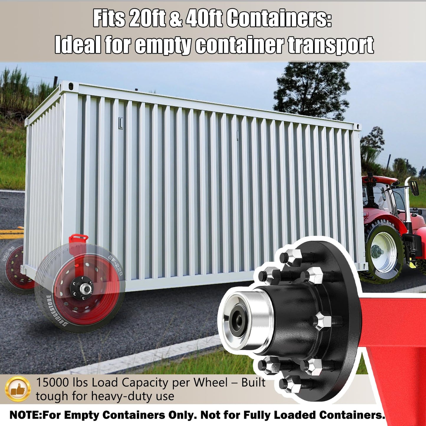 2-Pack Shipping Container Wheels Kit with 8 Lug Bolt-On Spindle,Heavy-Duty Shipping Container Axles for Up to 40ft Containers, 15000LB Capacity, Shipping Container Accessories (8 Lug x 6.5)