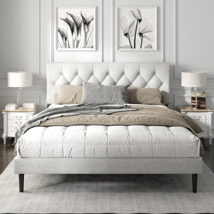 HAOARA King Size Platform Bed Frame with Upholstered Button Tufted Headboard, Mattress Foundation with Wooden Slat Support, Noise Free, No Box Spring Needed, Easy Assembly, Light Grey