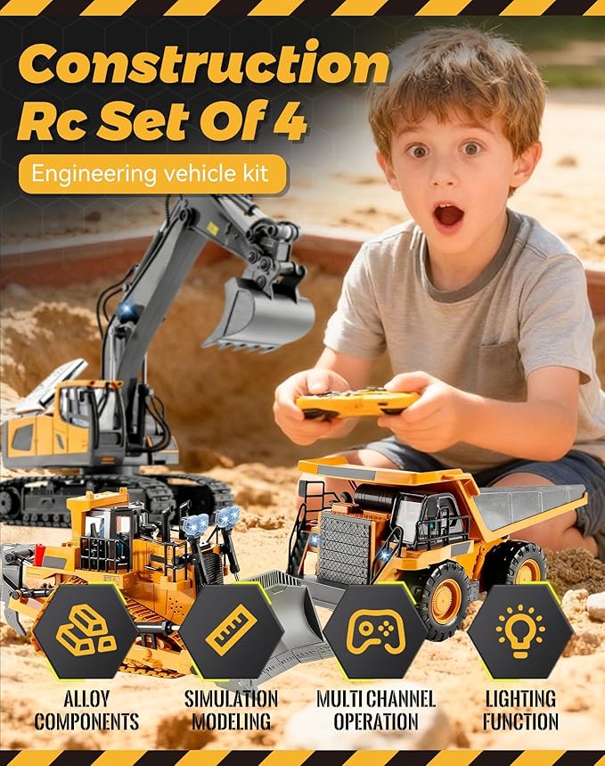 Construction Rc Set of 4 2.4ghz Remote Control Excavator 360° Rotation Lights and Sounds Command The Site Conquer The Dirt Collaborative Experience Alloy Material (1Pc-C)
