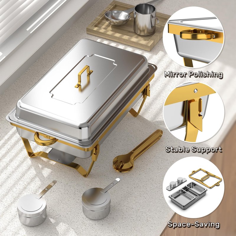 4 Pack Chafing Dishes for Buffet (Full 1/2 1/3 Size Pan), 9QT Chafing Dish Buffet Set Stainless Steel Buffet Food Warmers Sets for Catering Events Parties Dinners （Gold Silver）