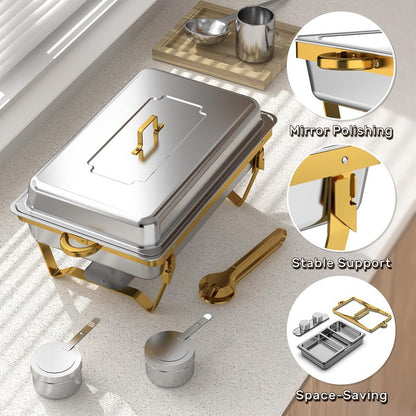 4 Pack Chafing Dishes for Buffet (Full 1/2 1/3 Size Pan), 9QT Chafing Dish Buffet Set Stainless Steel Buffet Food Warmers Sets for Catering Events Parties Dinners （Gold Silver）