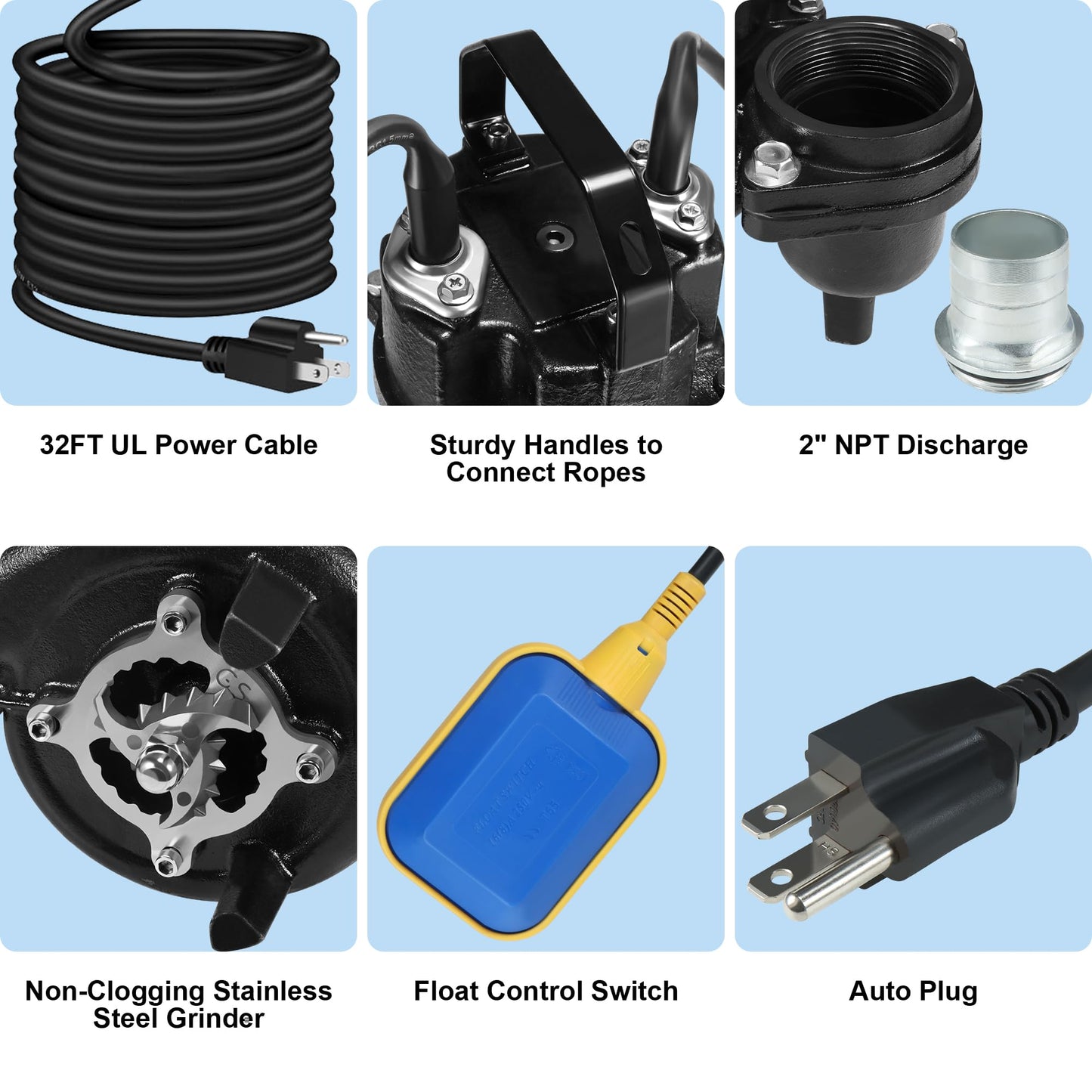 NLIEOPDA 1HP Sewage Grinder Sump Pump, Submersible Effluent Pumps 110V 6400 GPH Auto Float Switch, Cast Iron, 2'' NPT Discharge for Basement, Sump Basin, Residential Sewage