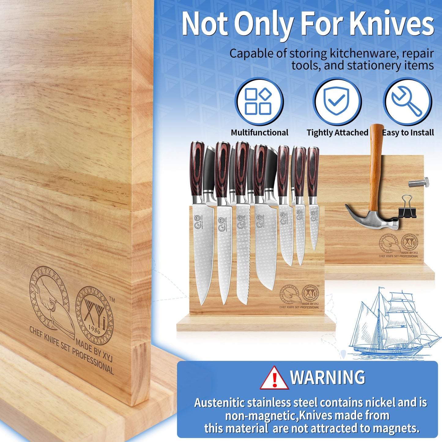 XYJ Authentic Since 1986, Magnetic Knife Block, Double Side Kitchen Knife Stand, Acacia Wood, Magnetic Knife Holder with Strong Enhanced Magnets,Knives Storage Rack Stand for Home Kitchen