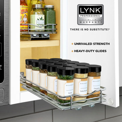 LYNK PROFESSIONAL® Pull Out Spice Rack Organizer for Inside Kitchen Cabinets - 4-1/4 inch Wide - Slide Out Drawer – Chrome Sliding Spice Cabinet Organization Shelf Racks - 2 Tier
