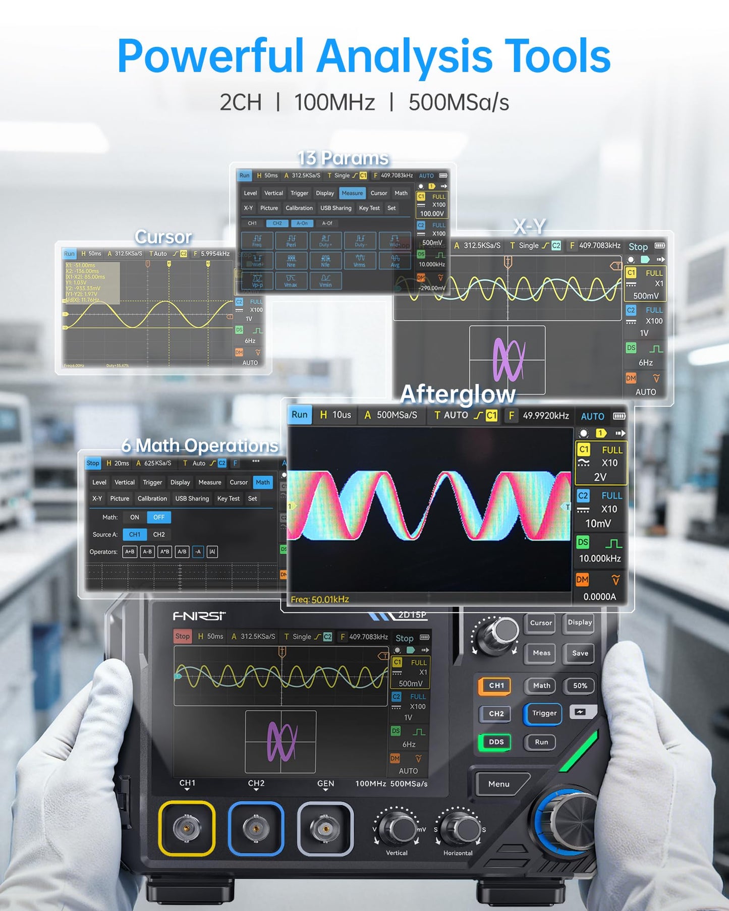 FNIRSI 2D15P 100MHz Digital Oscilloscope Multimeter DDS Signal Generator 3 in 1, 2CH Automotive Oscilloscope Multimeter 19,999 TRMS Counts, 500MS/s Sampling, 4.3'' Touch Screen