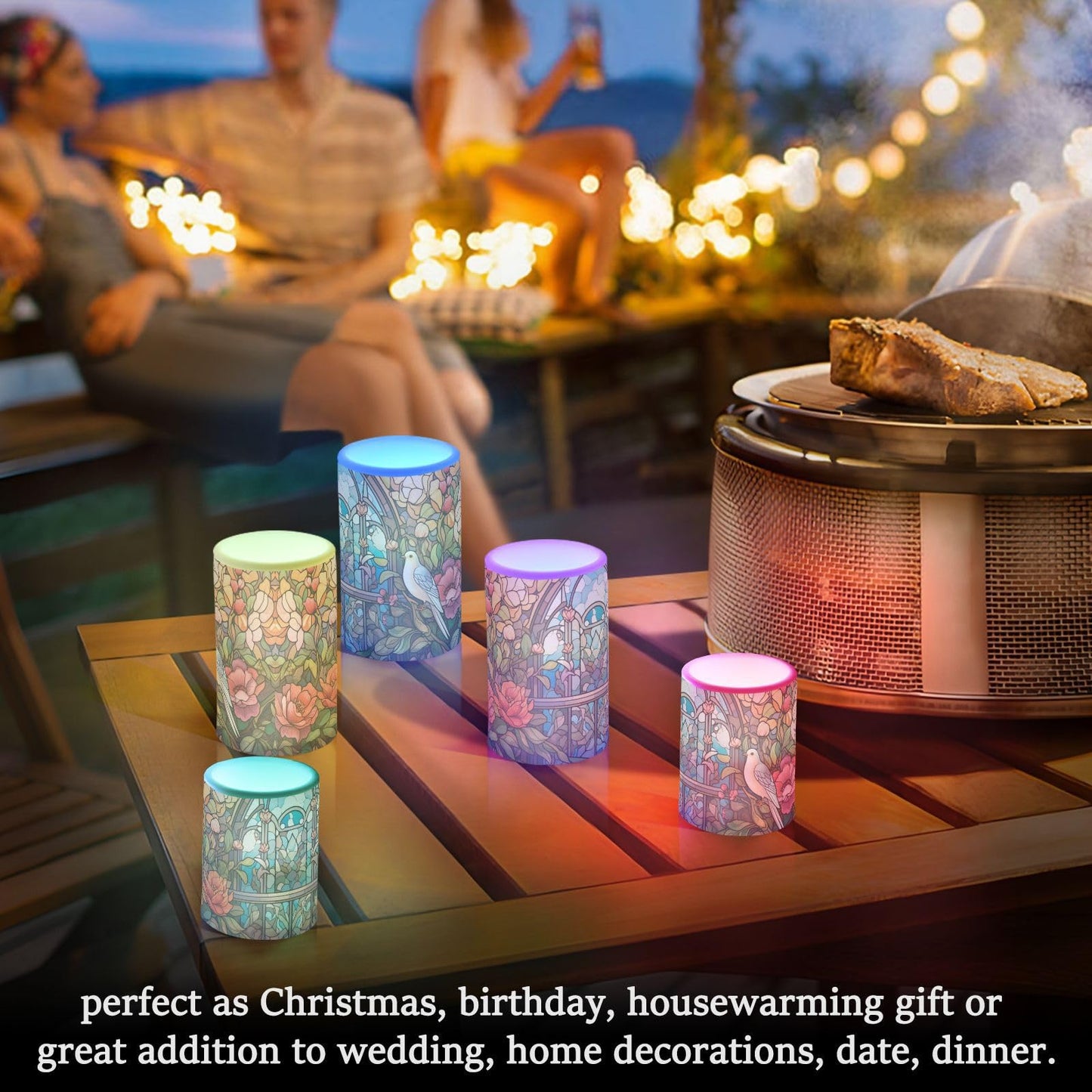 QGBYMX Stain Glass Bird Floral Flameless Candles with Remote - No Batteries Included, 3” Battery Operated Candles Flickering with Timer for Outdoor Lanterns Porch, Set of 2