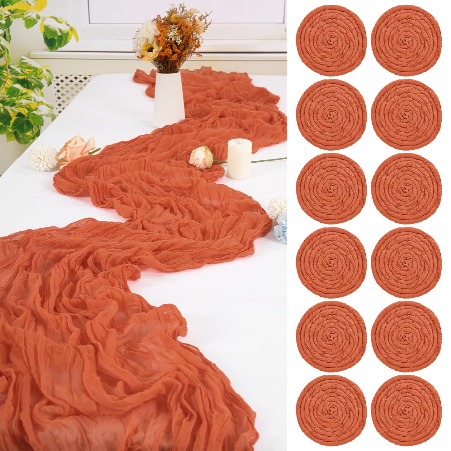 12 Pack Orange Cheesecloth Table Runner,10FT Gauze Boho Long Easter Cheesecloth Table Runners 20x120inch Rustic Cheese Cloth Table Runner for Wedding Party Bridal Shower Table Fall Decorations