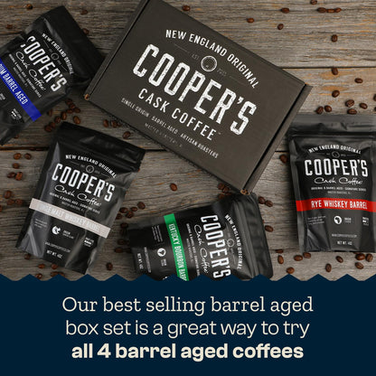 Bourbon & Whiskey Barrel Aged Coffee Box Set - 4-Bag Roasted Coffee Sampler- Bourbon Colombian, Malt Whiskey Sumatra, Rye Whiskey Ethiopian, Rum Barrel Rwanda, (Whole Bean, 4 Ounce (Pack of 4))