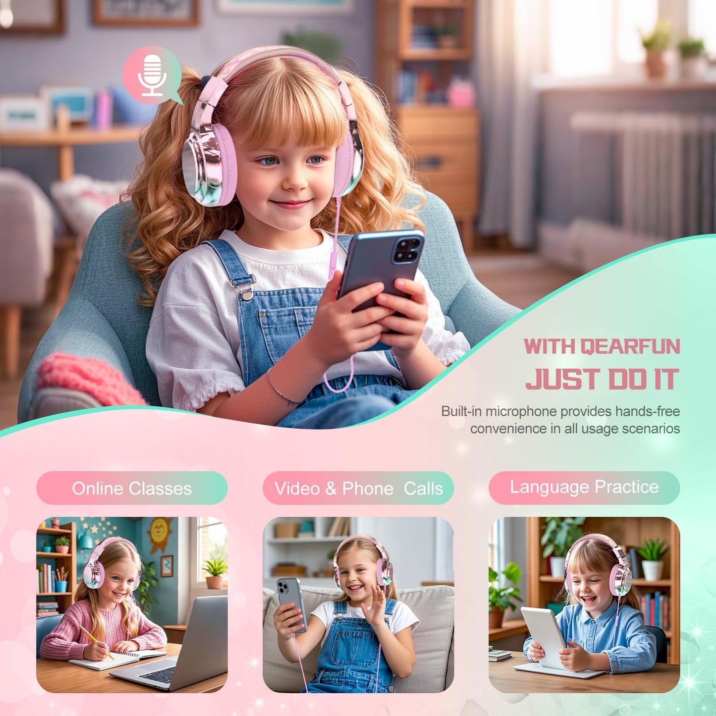 QearFun Kids Headphones Wired with Mic, 85/94dB Safe Volume Limit, Foldable Over Ear, Tangle-Free Cord & Sharing Port, Wired On-Ear Headset for School, Chromebook, Tablet, Travel - Boys & Girls